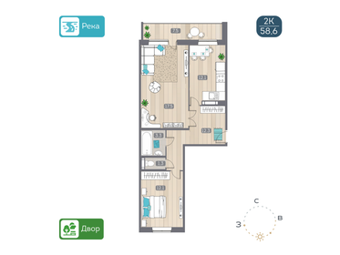 58,6 м², 2-комнатная квартира 6 300 000 ₽ - изображение 28