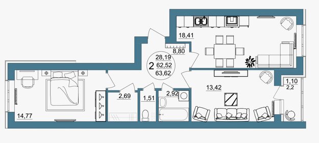 Квартира 63 м², 2-комнатная - изображение 1