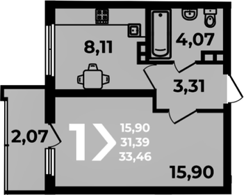 Квартира 33,4 м², 1-комнатная - изображение 1