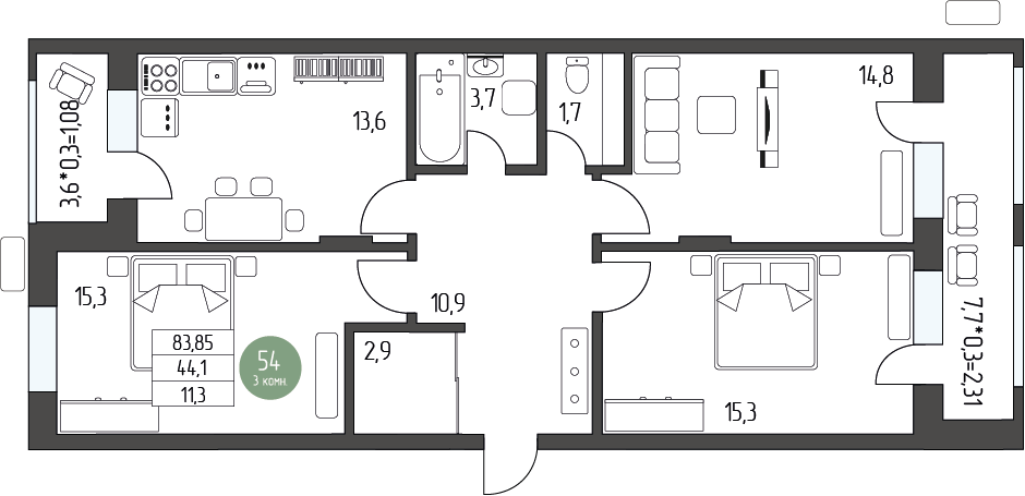 85,7 м², 3-комнатная квартира 9 223 500 ₽ - изображение 1