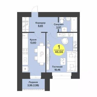 46 м², 1-комнатная квартира 5 830 000 ₽ - изображение 1