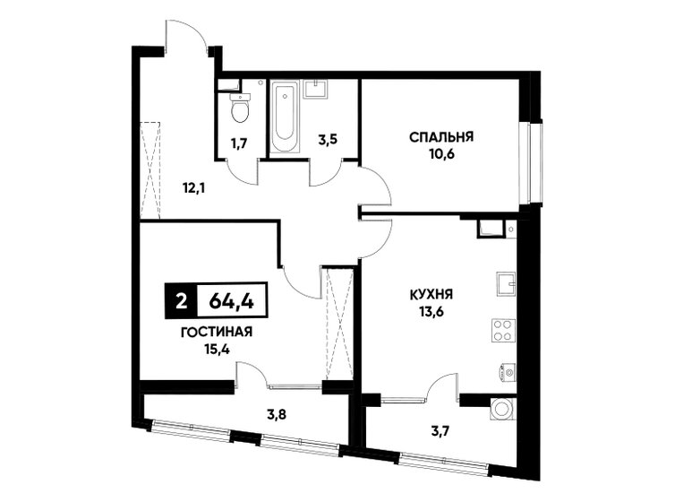 64,4 м², 2-комнатная квартира 5 944 120 ₽ - изображение 1