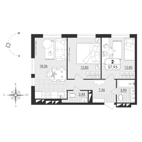 Квартира 58 м², 2-комнатная - изображение 1