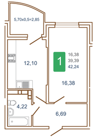 Квартира 43,3 м², 1-комнатная - изображение 1