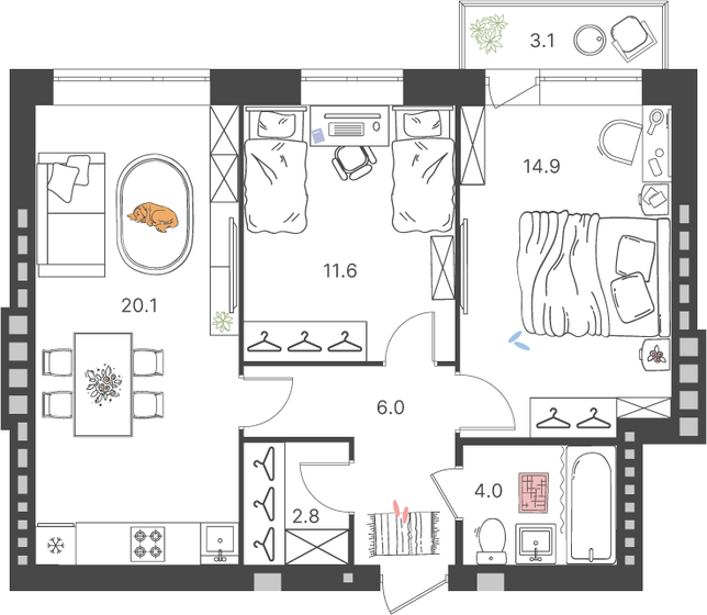 60,3 м², 2-комнатная квартира 8 357 610 ₽ - изображение 12