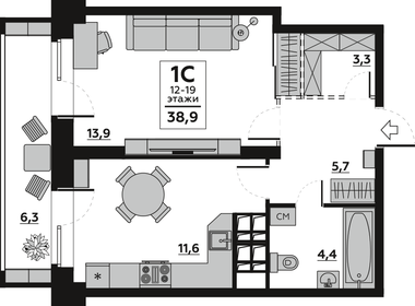 Квартира 38,9 м², 1-комнатная - изображение 1