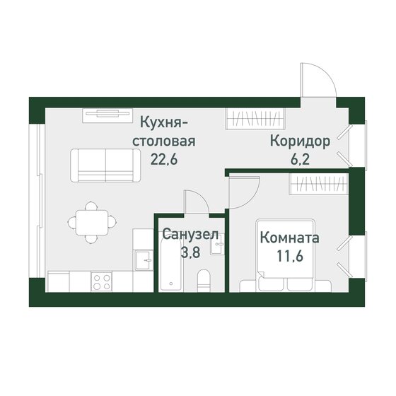 46 м², 1-комнатная квартира 5 566 000 ₽ - изображение 1