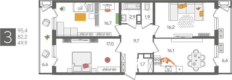 Квартира 95,4 м², 3-комнатная - изображение 2