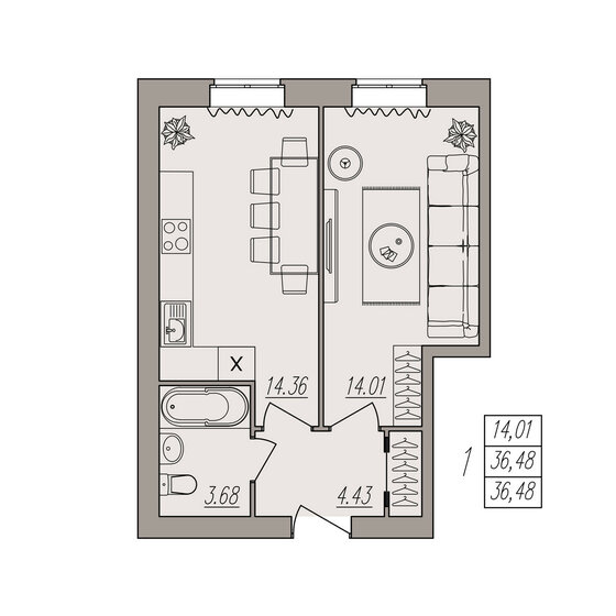 36,5 м², 1-комнатная квартира 5 107 200 ₽ - изображение 1