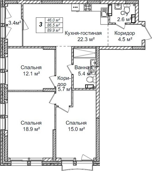 89,9 м², 3-комнатная квартира 11 500 000 ₽ - изображение 1