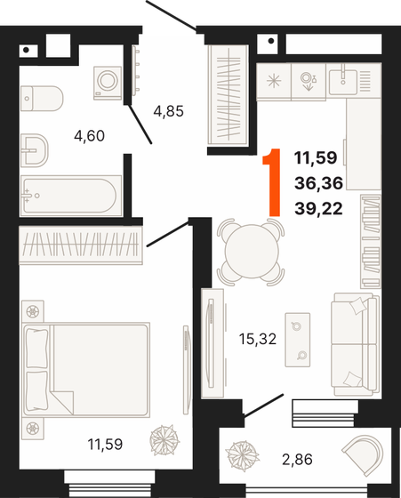 39,2 м², 1-комнатная квартира 5 638 268 ₽ - изображение 16