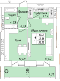 Квартира 53,2 м², 1-комнатная - изображение 1