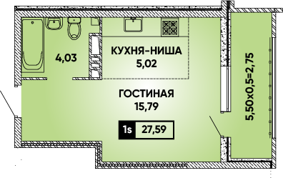 Квартира 27,6 м², студия - изображение 1