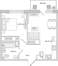 Квартира 46,5 м², 1-комнатная - изображение 1