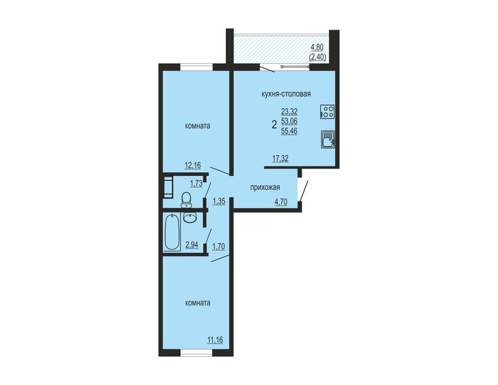 55,5 м², 2-комнатная квартира 4 980 000 ₽ - изображение 1