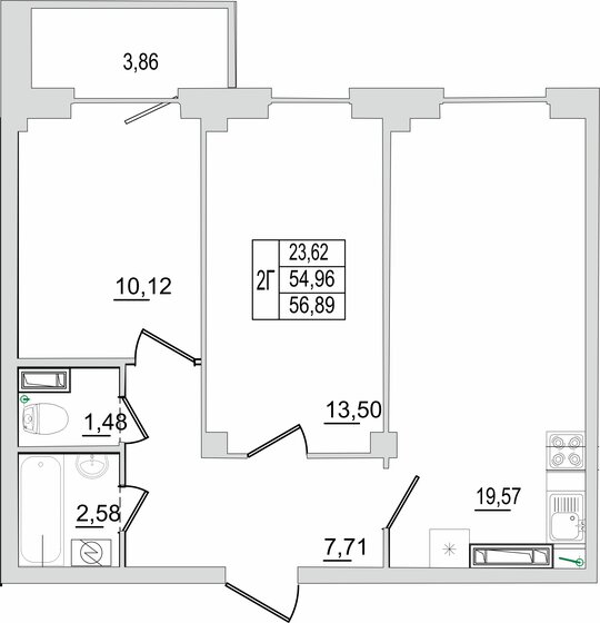 56,9 м², 2-комнатная квартира 4 437 420 ₽ - изображение 1