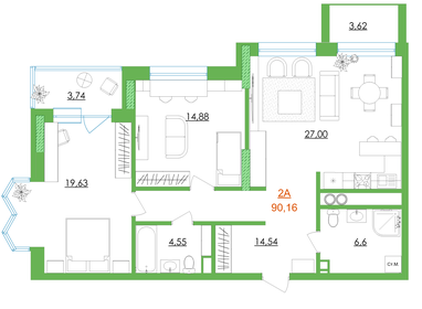 Квартира 90,2 м², 2-комнатная - изображение 1