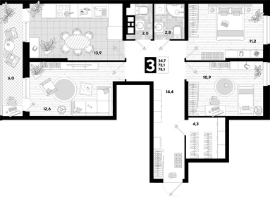 78 м², 3-комнатная квартира 13 650 000 ₽ - изображение 76