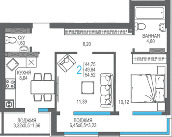 Квартира 49,6 м², 2-комнатная - изображение 1