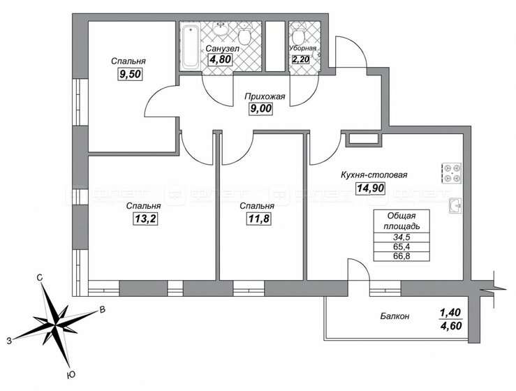 66,8 м², 3-комнатная квартира 11 300 000 ₽ - изображение 1