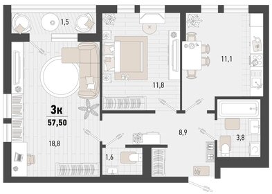 Квартира 57,5 м², 2-комнатная - изображение 1