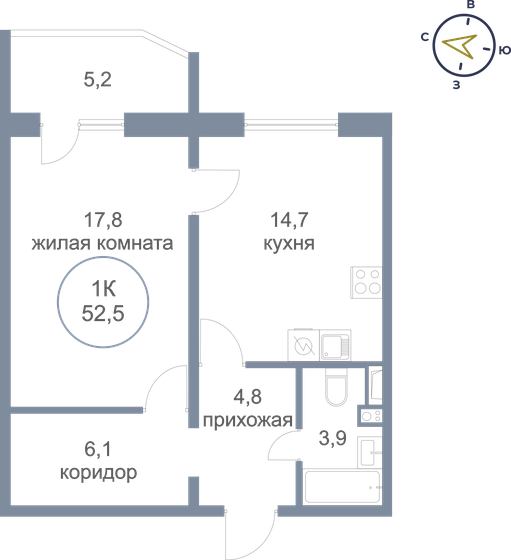 52,5 м², 1-комнатная квартира 5 300 000 ₽ - изображение 1