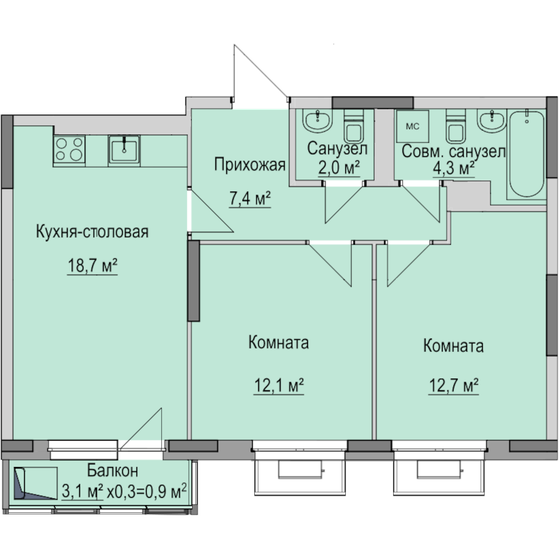 58,1 м², 2-комнатная квартира 5 980 000 ₽ - изображение 20