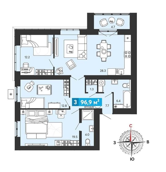 96,6 м², 3-комнатная квартира 8 700 000 ₽ - изображение 1