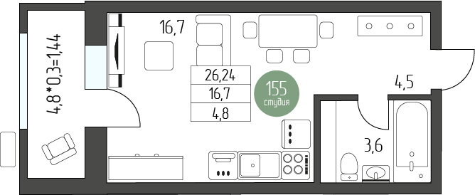 37 м², квартира-студия 3 500 000 ₽ - изображение 13