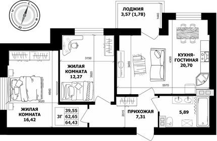 Квартира 64,2 м², 3-комнатная - изображение 1