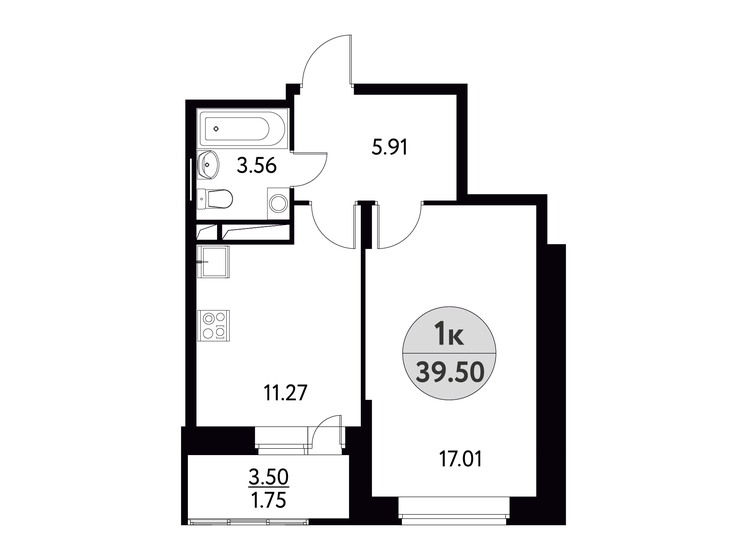 39,5 м², 1-комнатная квартира 5 372 000 ₽ - изображение 1
