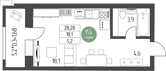 Квартира 32,2 м², студия - изображение 1