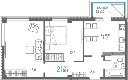 Квартира 59 м², 2-комнатная - изображение 1