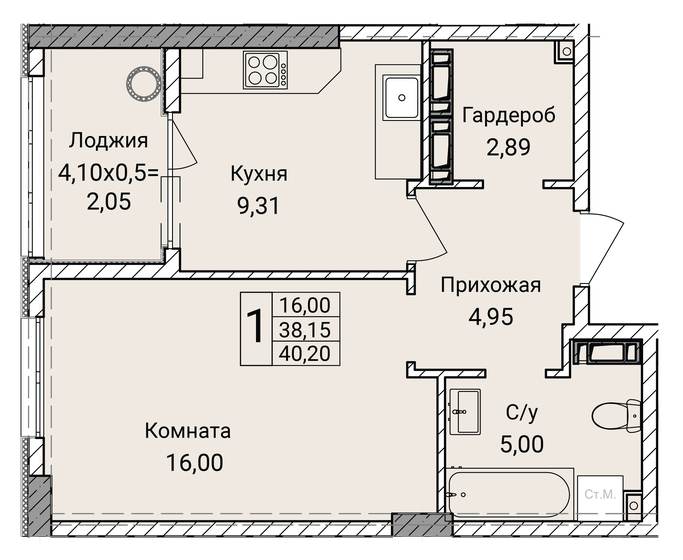 40,2 м², 1-комнатная квартира 7 600 000 ₽ - изображение 1
