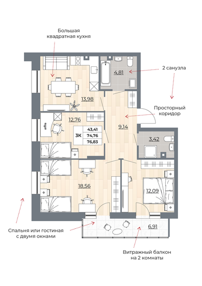 76,8 м², 3-комнатная квартира 10 950 000 ₽ - изображение 1