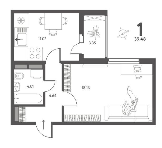 39,5 м², 1-комнатная квартира 4 362 540 ₽ - изображение 1