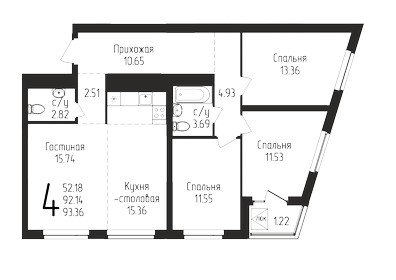 Квартира 93,4 м², 4-комнатная - изображение 1