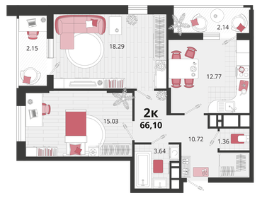 Квартира 66,1 м², 2-комнатная - изображение 1