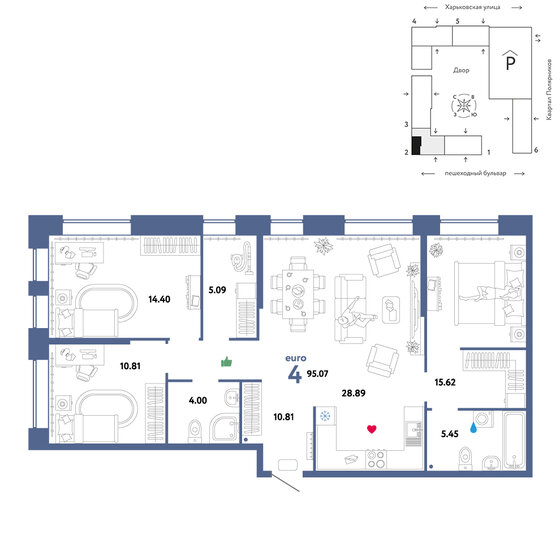 95,1 м², 4-комнатная квартира 12 550 000 ₽ - изображение 1