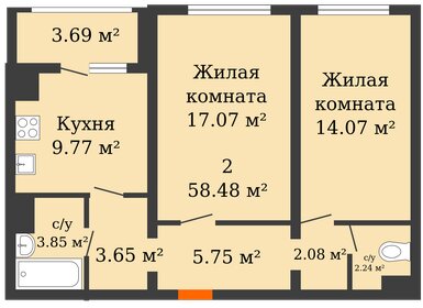 Квартира 58,5 м², 2-комнатная - изображение 1