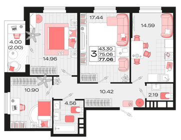 Квартира 77,1 м², 3-комнатная - изображение 1