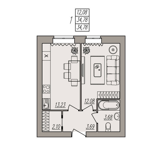 34,8 м², 1-комнатная квартира 4 590 960 ₽ - изображение 1