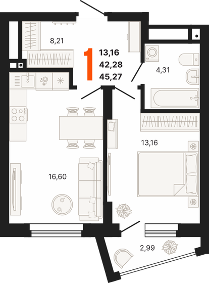 45,3 м², 1-комнатная квартира 6 105 652 ₽ - изображение 1