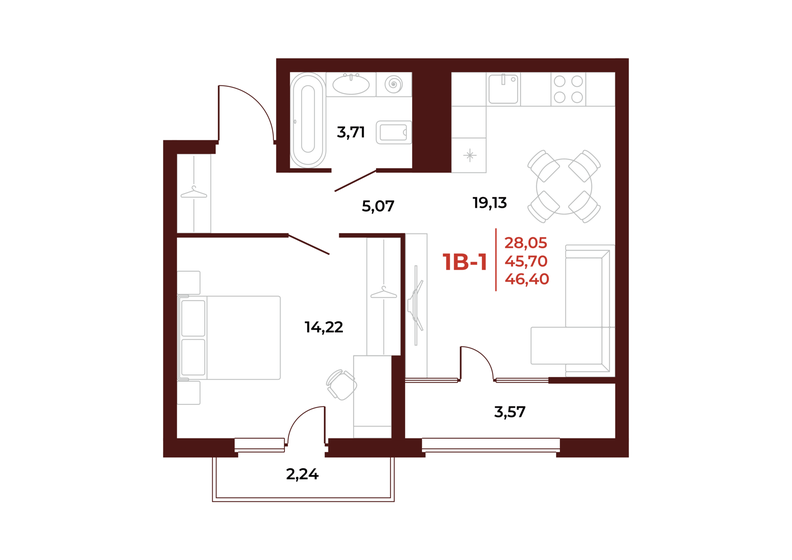 46,4 м², 1-комнатная квартира 5 289 600 ₽ - изображение 1