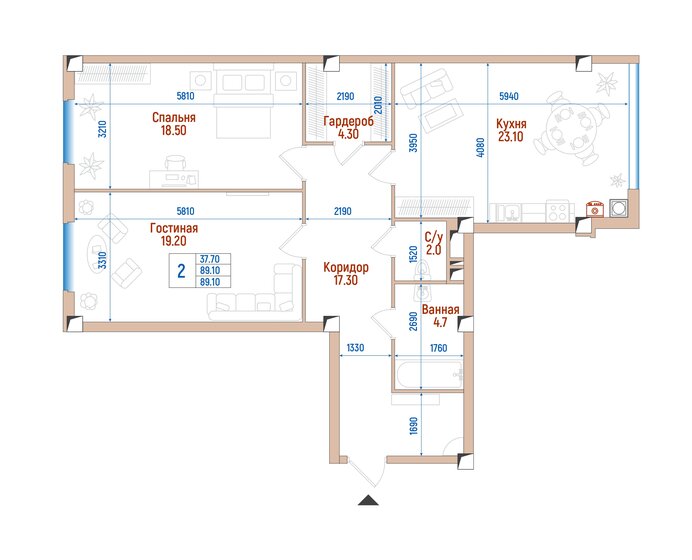 89,1 м², 2-комнатная квартира 6 771 600 ₽ - изображение 1