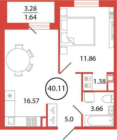 40,1 м², 1-комнатная квартира 7 075 404 ₽ - изображение 1