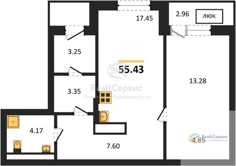 55,4 м², 1-комнатная квартира 5 400 000 ₽ - изображение 1