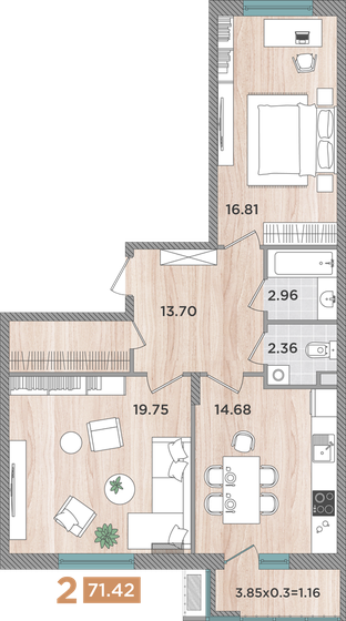 71,4 м², 2-комнатная квартира 7 142 000 ₽ - изображение 1