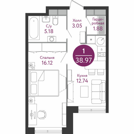 38,8 м², 1-комнатная квартира 12 499 600 ₽ - изображение 1