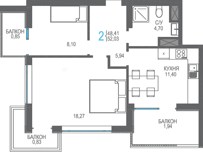 52 м², 2-комнатная квартира 14 308 250 ₽ - изображение 1